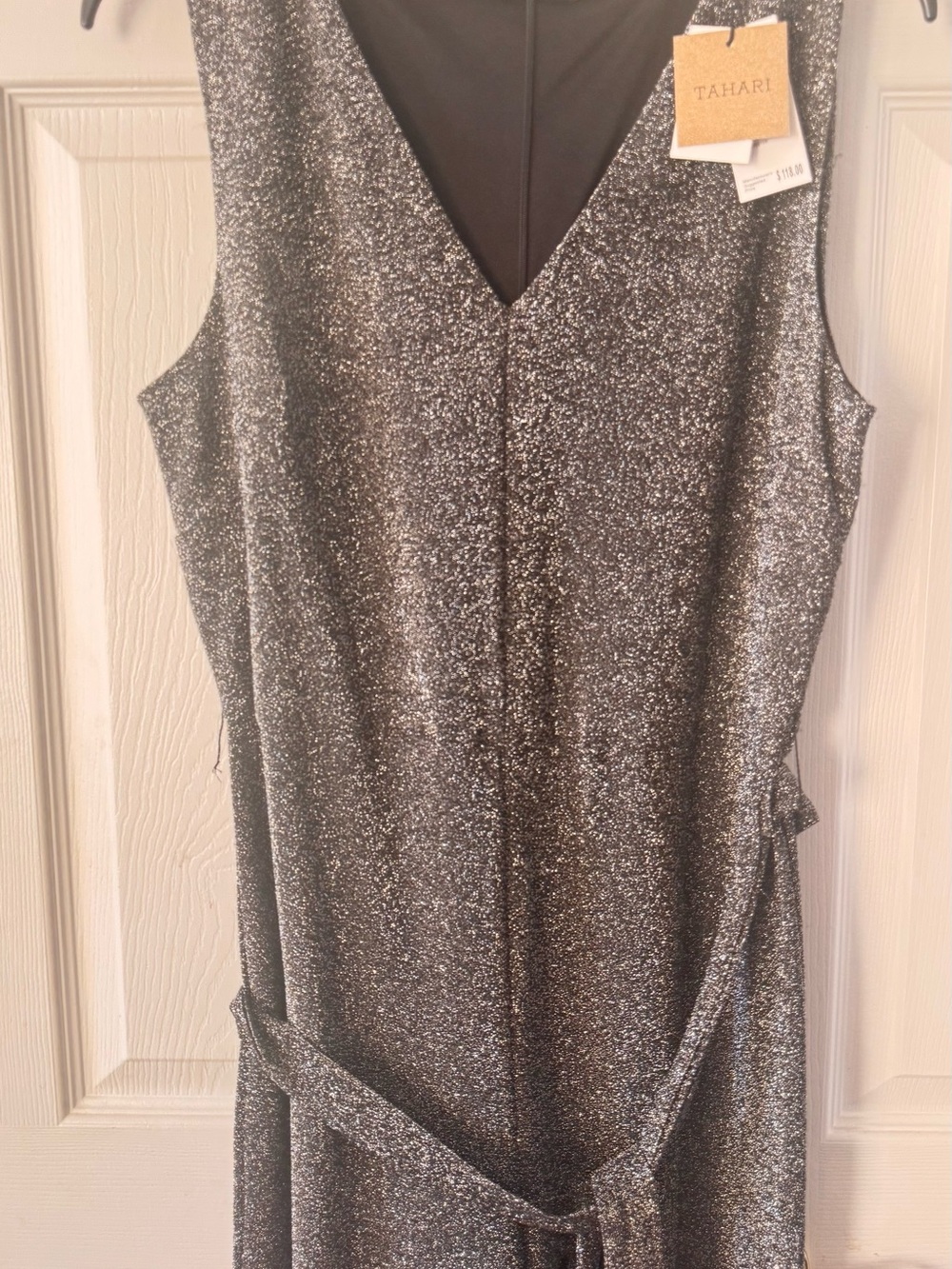Tahari Silver Sparkle Strapless Tie-Waist Dress